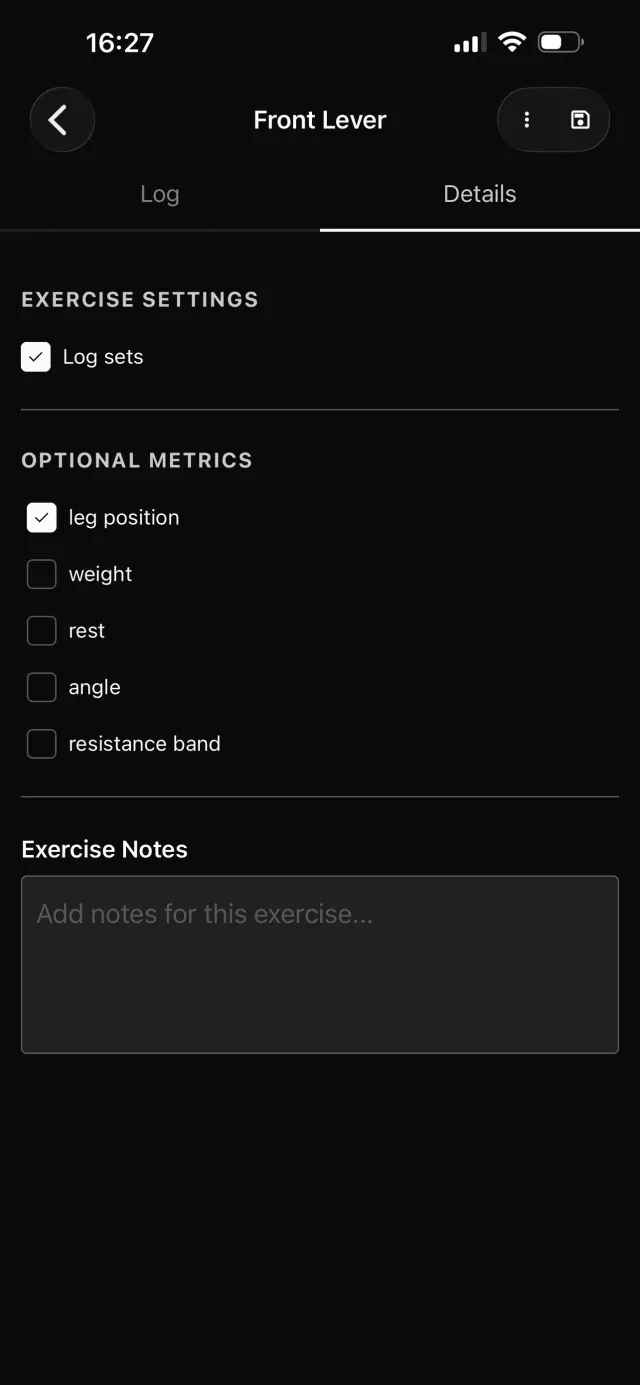 Exercise settings with optional metrics like leg position and angle