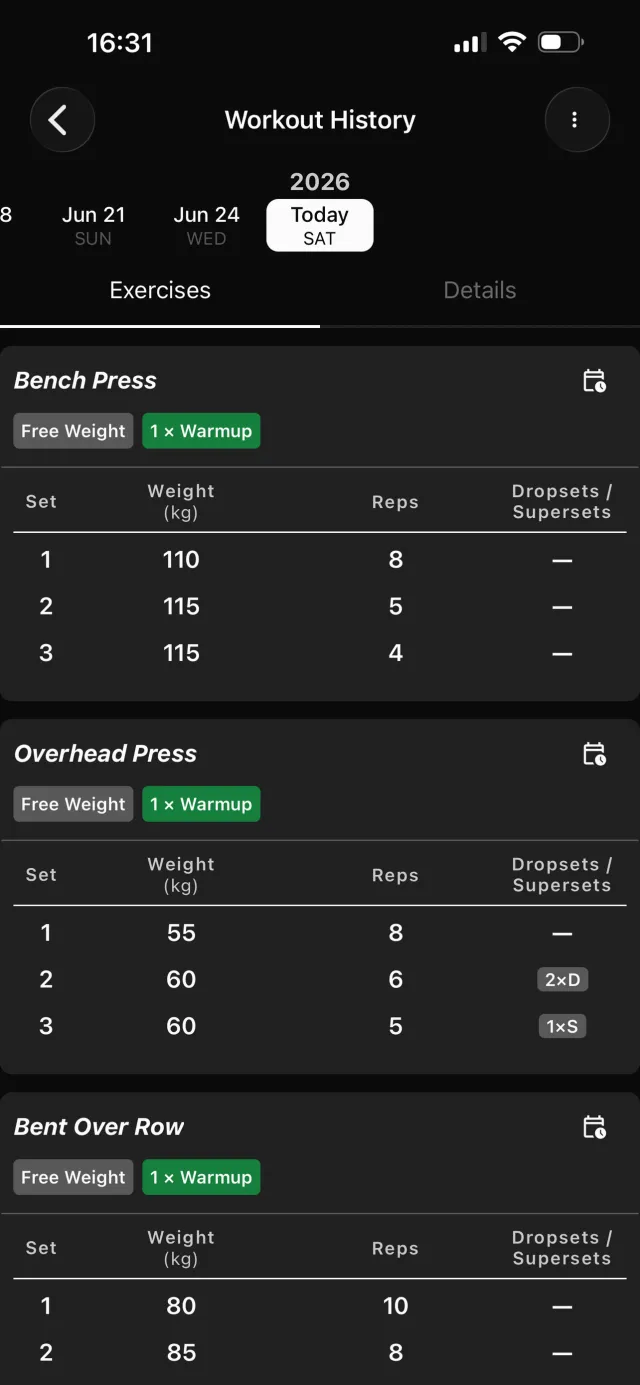 Workout history showing weight and reps per set