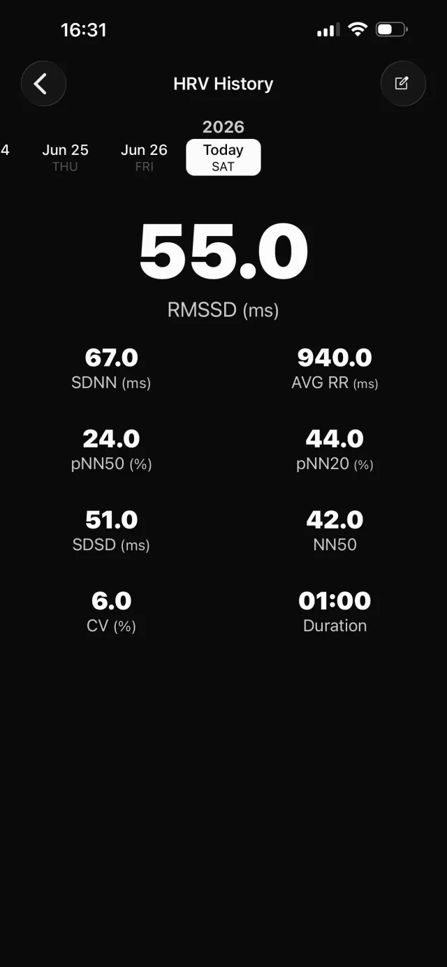 HRV history with RMSSD, SDNN and other recovery metrics