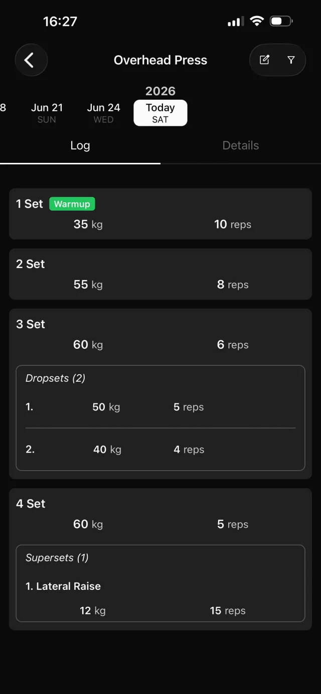 Set log with a warmup set and a dropset on Overhead Press