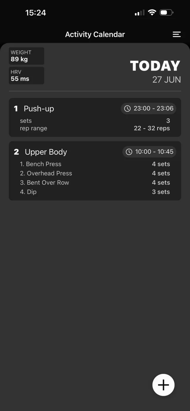 Replapse activity calendar showing today's weight, HRV and logged workouts